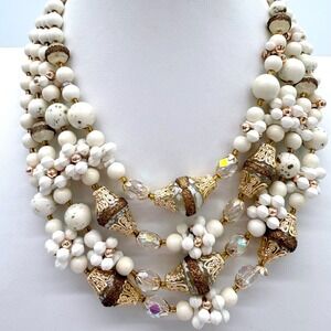 Vintage Japan Multi Strand Beaded Necklace White Gold Chunky Statement